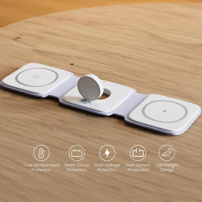 3-in-1 Foldable Magnetic Wireless Fast Charger - Travel Charging Pad for iPhone 12-16 Series, Samsung Galaxy Series, Huawei, Apple Watch, AirPods, and Other Qi-Compatible Devices