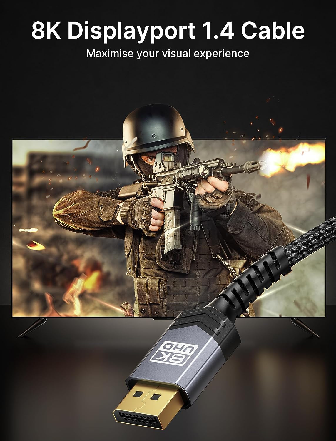 8K DP 1.4 Cable 10FT 4K144 HDR10 for Freesync Gaming PC Monitor, Grey | 10FT 32.4Gbps HBR3 DP 1.4 Supports 8K@60Hz HDR10 and 4K@144Hz; Nylon Braid for Freesync/G-Sync Monitors, Gpus, Pcs and Tvs