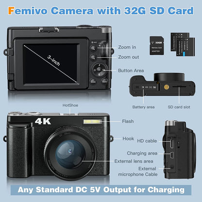 Vlogging Camera 4K Digital Cameras 48MP for Photography Autofocus 16X Digital Zoom for Youtube with 32GB Card