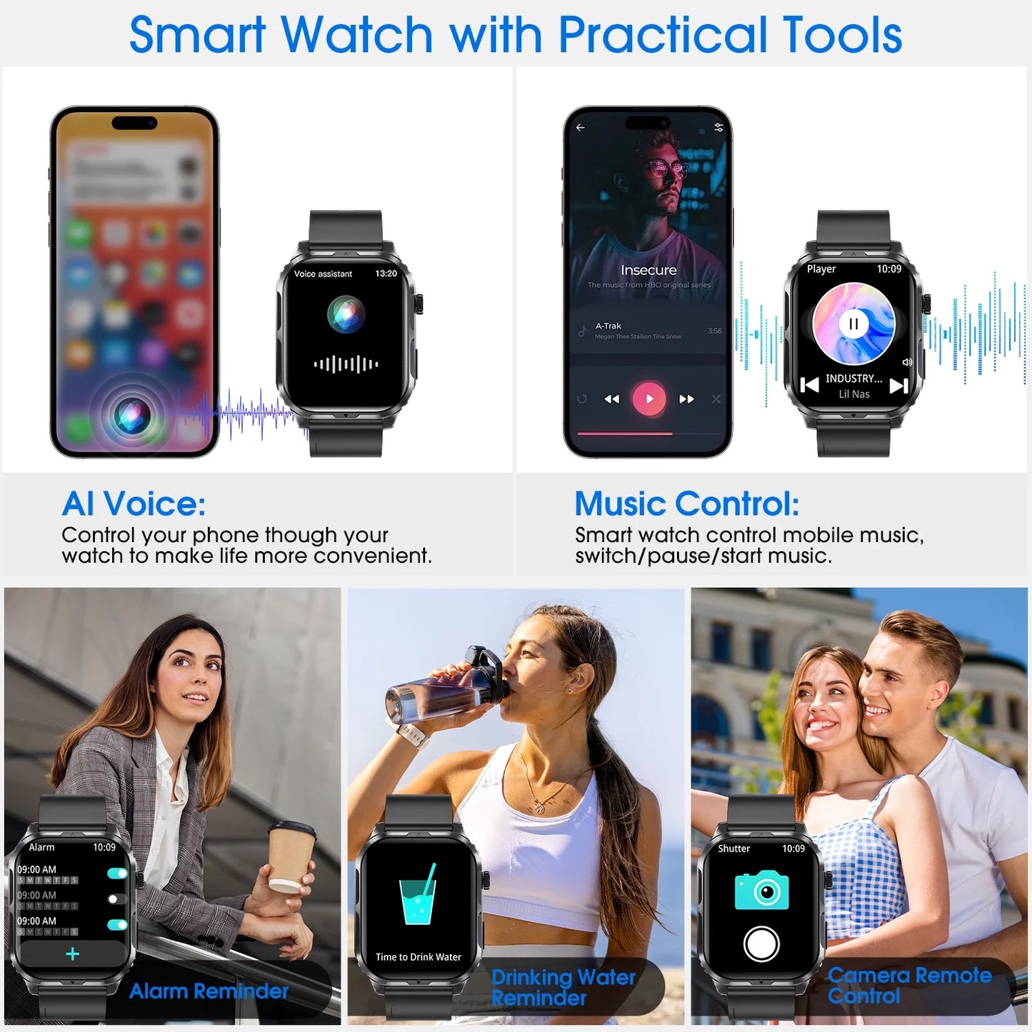 H5 Smart Watch with Bluetooth Call, IP68 Waterproof Fitness Tracker for Women and Men, Black