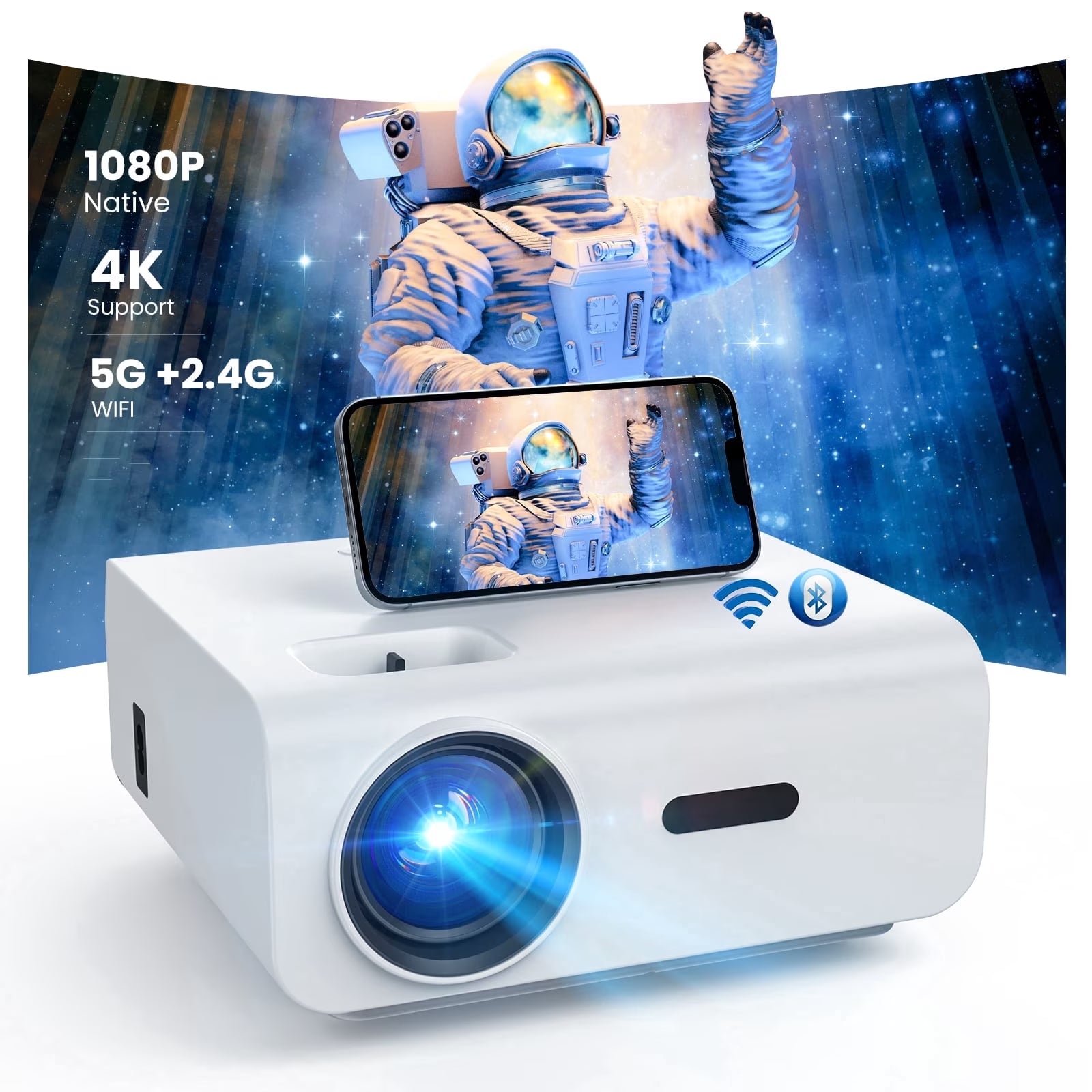 Native 1080P Mini Projector, Support 4K Projector with 5G Wifi and Bluetooth, 300 ANSI Movie Projector Compatible with HDMI/USB/PC/AV, 300" Display Full HD Home Theater, Outdoor & Indoor Use