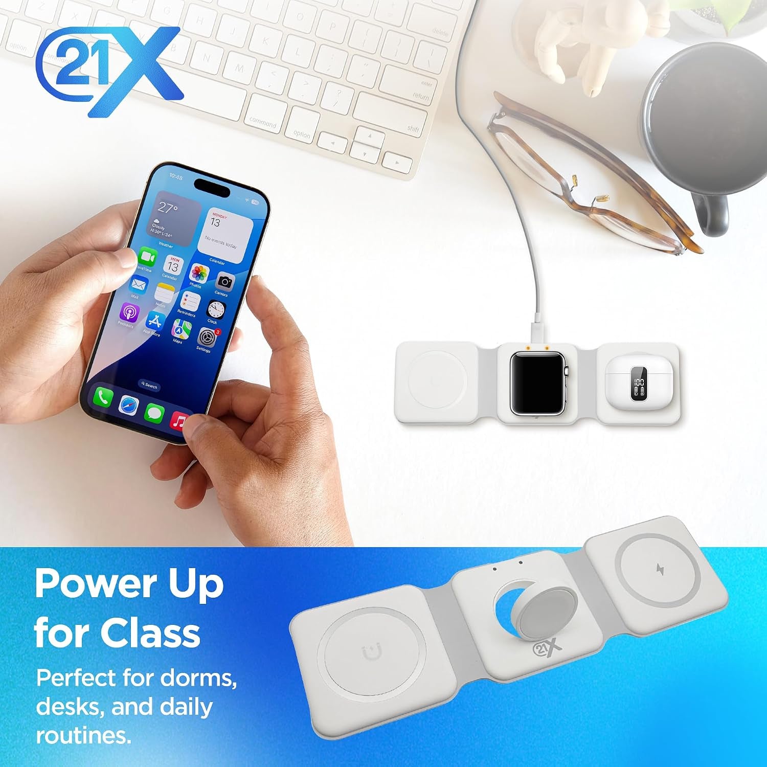 3-in-1 Foldable Magnetic Wireless Fast Charger - Travel Charging Pad for iPhone 12-16 Series, Samsung Galaxy Series, Huawei, Apple Watch, AirPods, and Other Qi-Compatible Devices