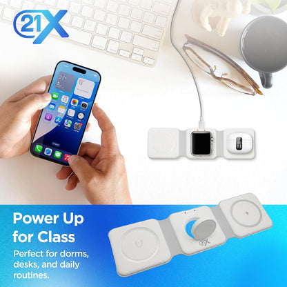 3-in-1 Foldable Magnetic Wireless Fast Charger - Travel Charging Pad for iPhone 12-16 Series, Samsung Galaxy Series, Huawei, Apple Watch, AirPods, and Other Qi-Compatible Devices