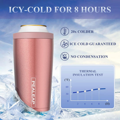 4-In-1 Insulated Slim Can Cooler for All 12Oz Cans & Beer Bottles | Double-Walled Stainless Steel Vacuum Can Cozy | Keep 8Hrs Cold | Universal Fits 12Oz Drinks | No Sweat | Cup Holder Friendly