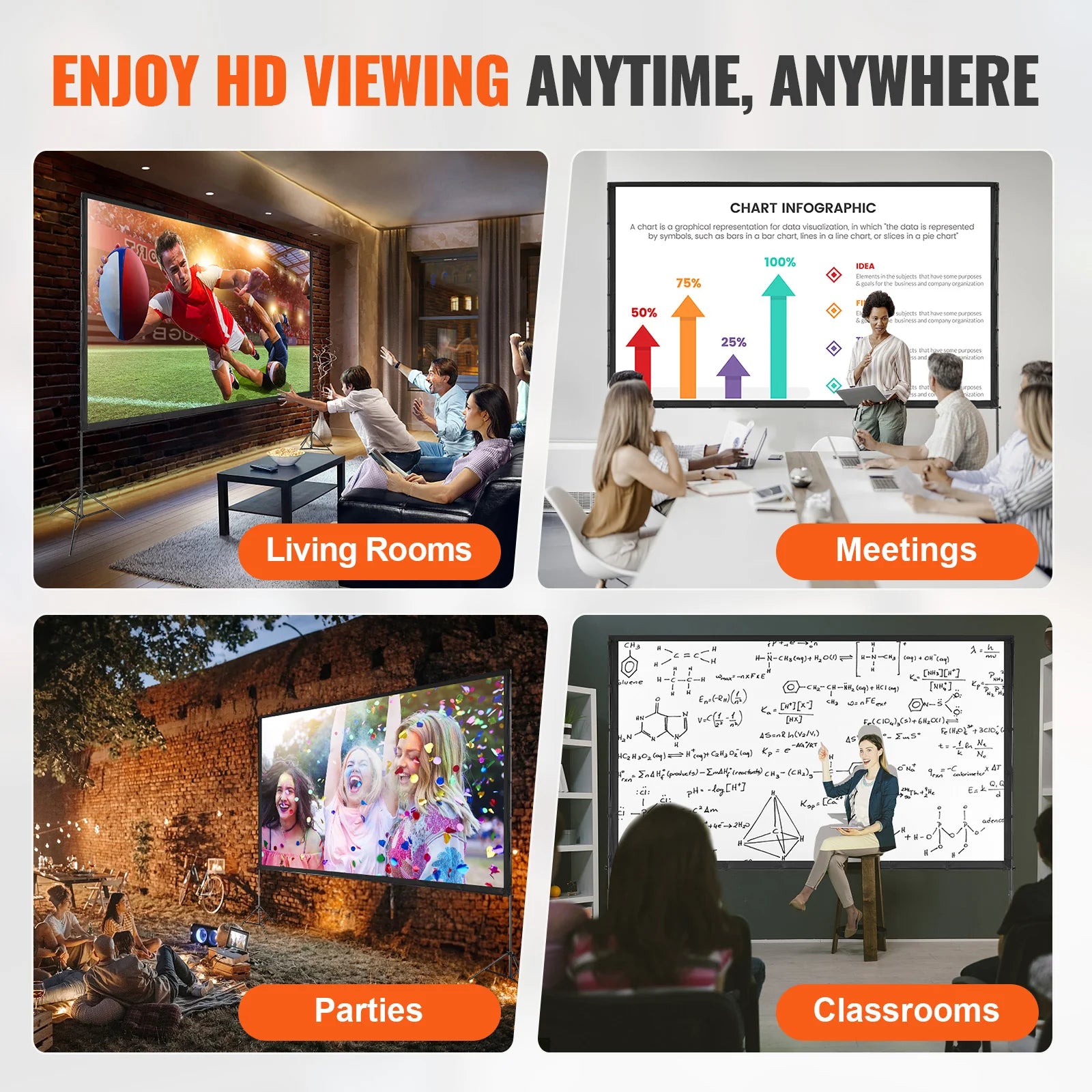 Projector Screen with Stand, 150 Inch 16:9 4K 1080 HD Outdoor Movie Screen with Stand, Wrinkle-Free Projection Screen with Tripods and Carry Bag, for Home Theater Cinema Backyard Movie Night