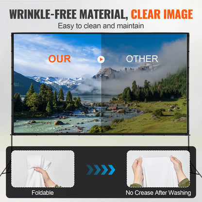 Projector Screen with Stand, 150 Inch 16:9 4K 1080 HD Outdoor Movie Screen with Stand, Wrinkle-Free Projection Screen with Tripods and Carry Bag, for Home Theater Cinema Backyard Movie Night