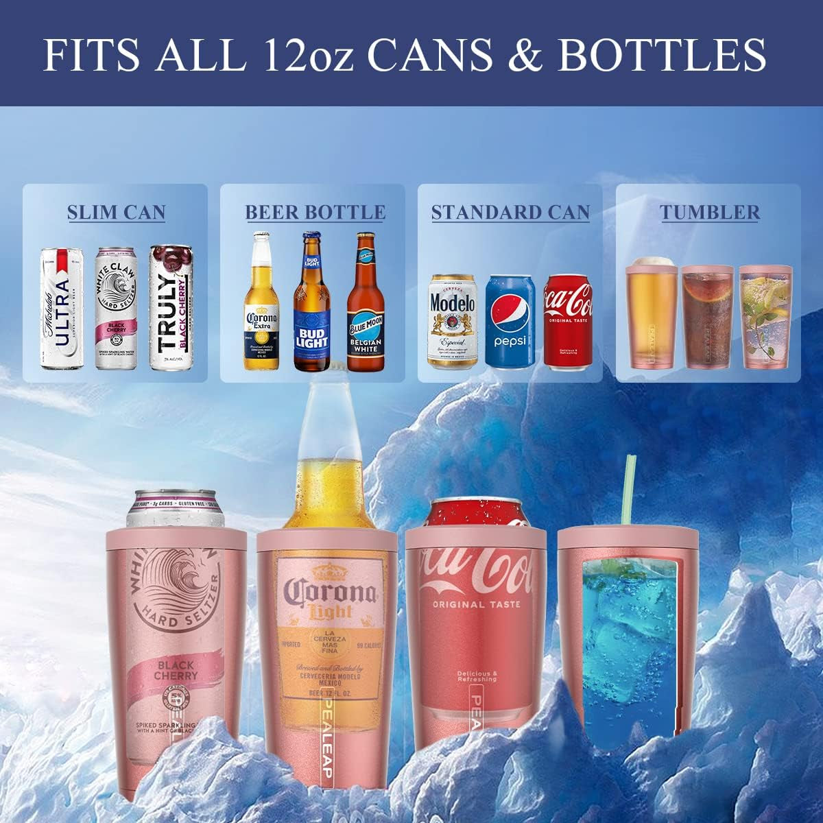 4-In-1 Insulated Slim Can Cooler for All 12Oz Cans & Beer Bottles | Double-Walled Stainless Steel Vacuum Can Cozy | Keep 8Hrs Cold | Universal Fits 12Oz Drinks | No Sweat | Cup Holder Friendly