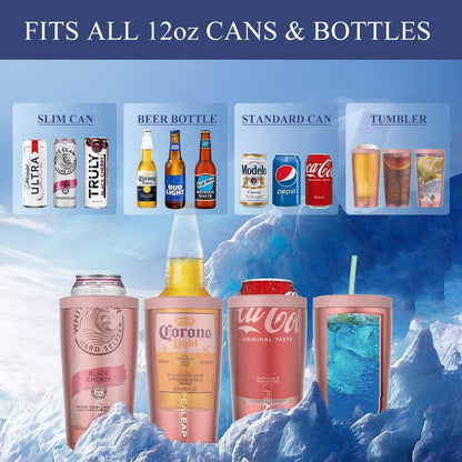4-In-1 Insulated Slim Can Cooler for All 12Oz Cans & Beer Bottles | Double-Walled Stainless Steel Vacuum Can Cozy | Keep 8Hrs Cold | Universal Fits 12Oz Drinks | No Sweat | Cup Holder Friendly