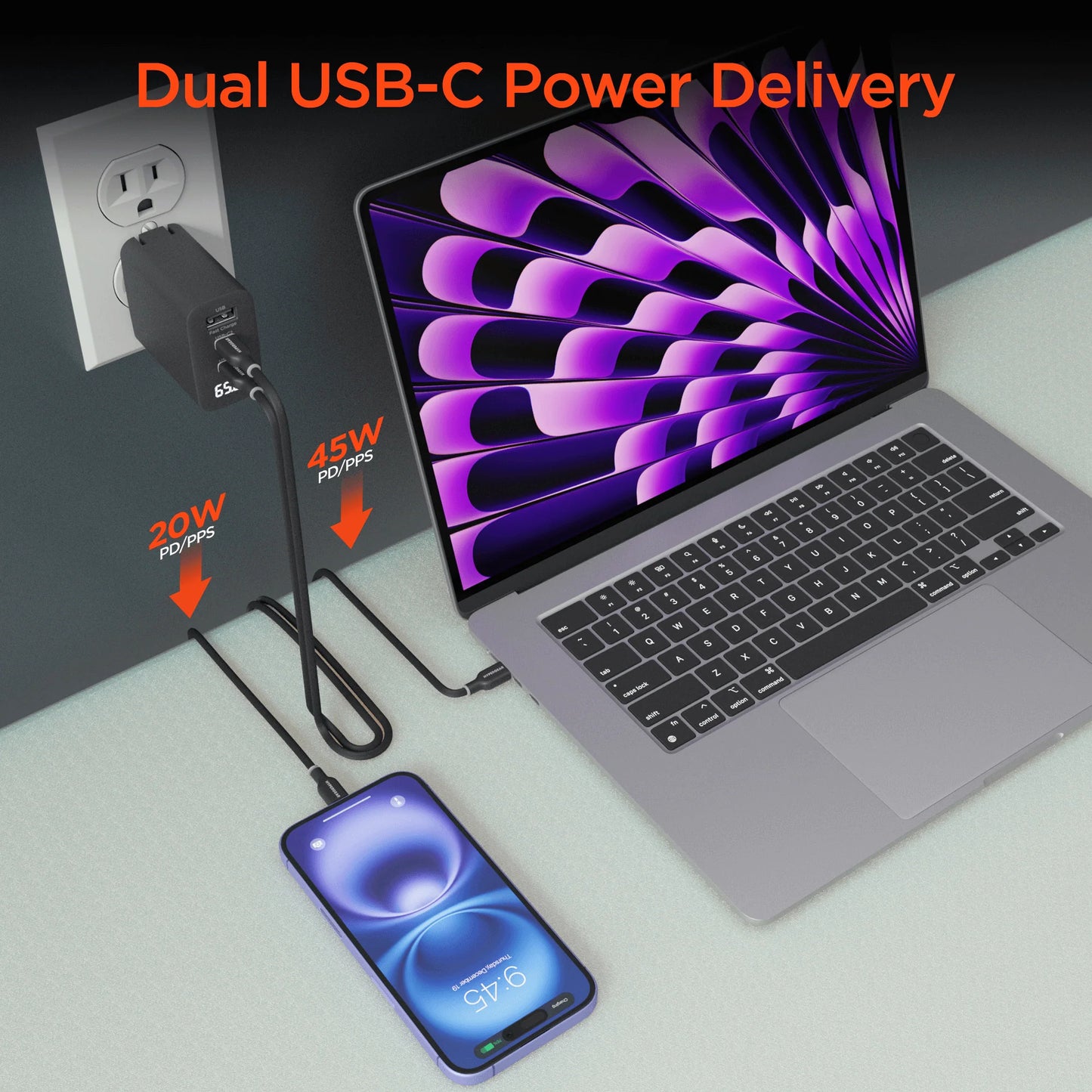 Hypergear Speedboost 65W USB-C PD Tri-Port Gan Laptop Charger with PPS and Digital Display