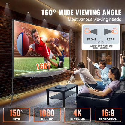 Projector Screen with Stand, 150 Inch 16:9 4K 1080 HD Outdoor Movie Screen with Stand, Wrinkle-Free Projection Screen with Tripods and Carry Bag, for Home Theater Cinema Backyard Movie Night