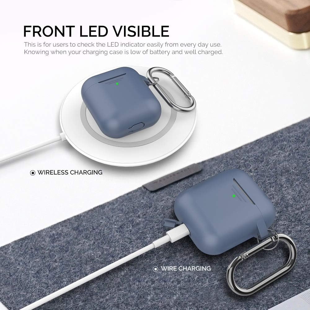 Upgrade Silicone Case Protective Cover for Apple Airpods 2 & 1 | Front LED Visible, Carabiner Included, Supports Wireless Charging, Shock Resistant, Full Protection