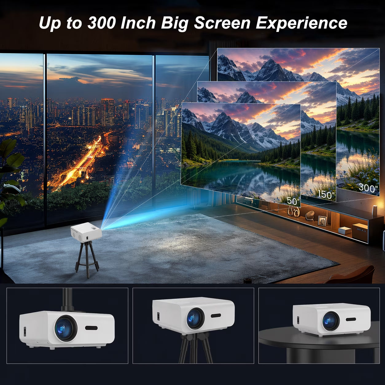 Native 1080P Mini Projector, Support 4K Projector with 5G Wifi and Bluetooth, 300 ANSI Movie Projector Compatible with HDMI/USB/PC/AV, 300" Display Full HD Home Theater, Outdoor & Indoor Use