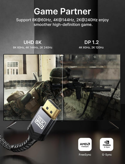 8K DP 1.4 Cable 10FT 4K144 HDR10 for Freesync Gaming PC Monitor, Grey | 10FT 32.4Gbps HBR3 DP 1.4 Supports 8K@60Hz HDR10 and 4K@144Hz; Nylon Braid for Freesync/G-Sync Monitors, Gpus, Pcs and Tvs