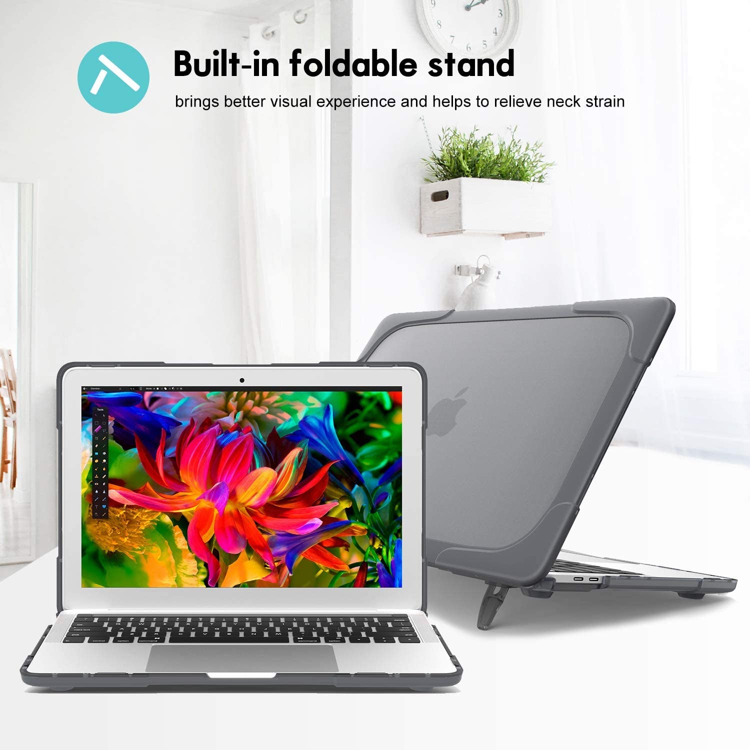 Cover Fold Kickstand for Macbook Air 13-In 2020 2019 2018 -Grey | Heavy Duty Protective Slim Hard Shell Case with for Macbook Air 13-In M1 Intel Retina with Touch ID, A2337 A2179 A1932