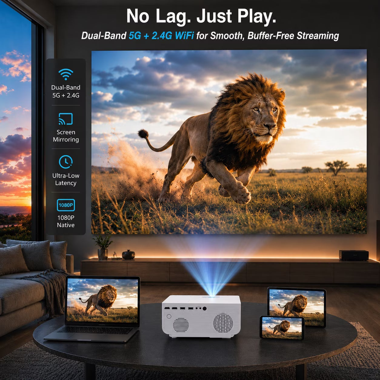 Native 1080P Mini Projector, Support 4K Projector with 5G Wifi and Bluetooth, 300 ANSI Movie Projector Compatible with HDMI/USB/PC/AV, 300" Display Full HD Home Theater, Outdoor & Indoor Use