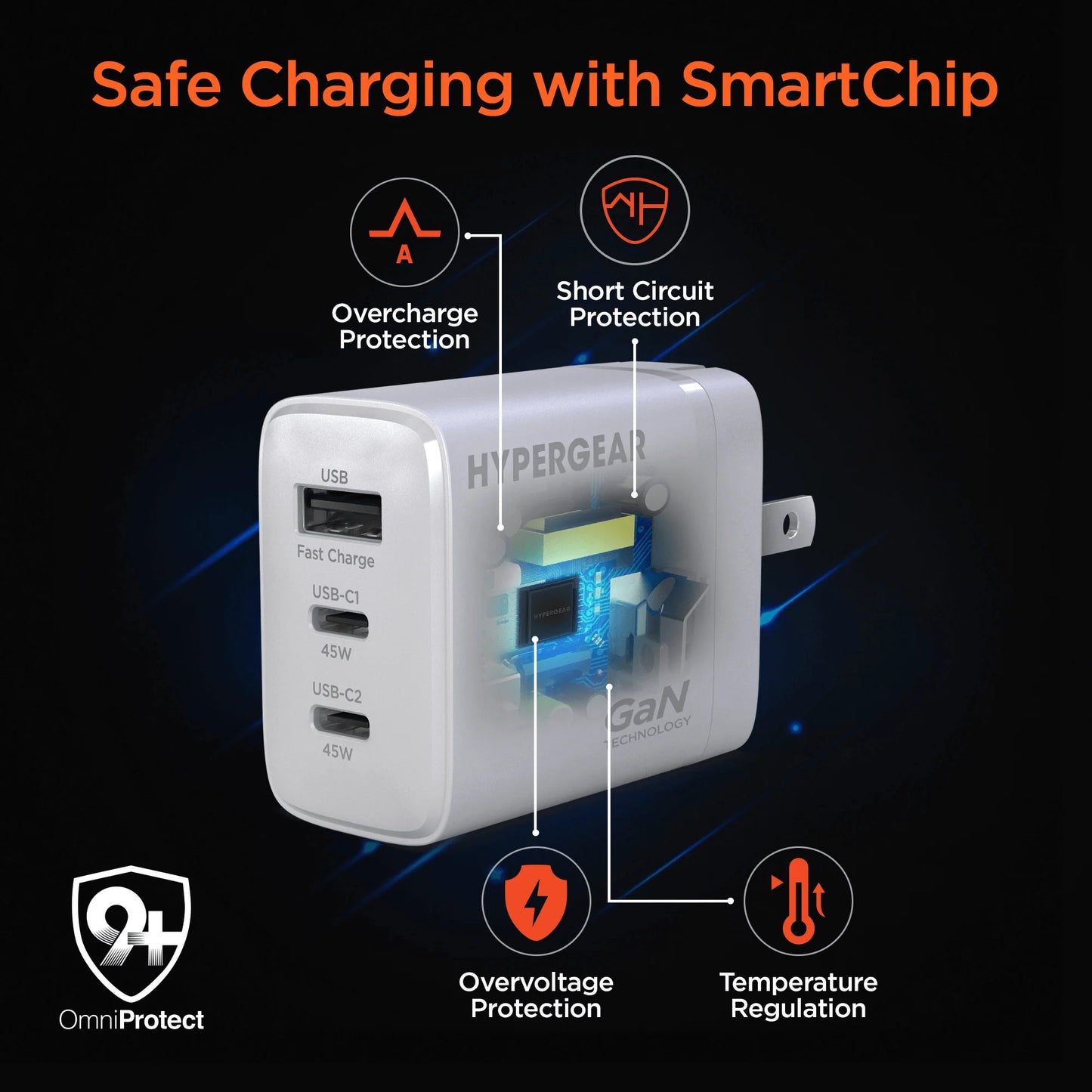 Hypergear Speedboost 45W USB-C PD Tri-Port Gan Fast Wall Charger with PPS and 6Ft USB-C Cable