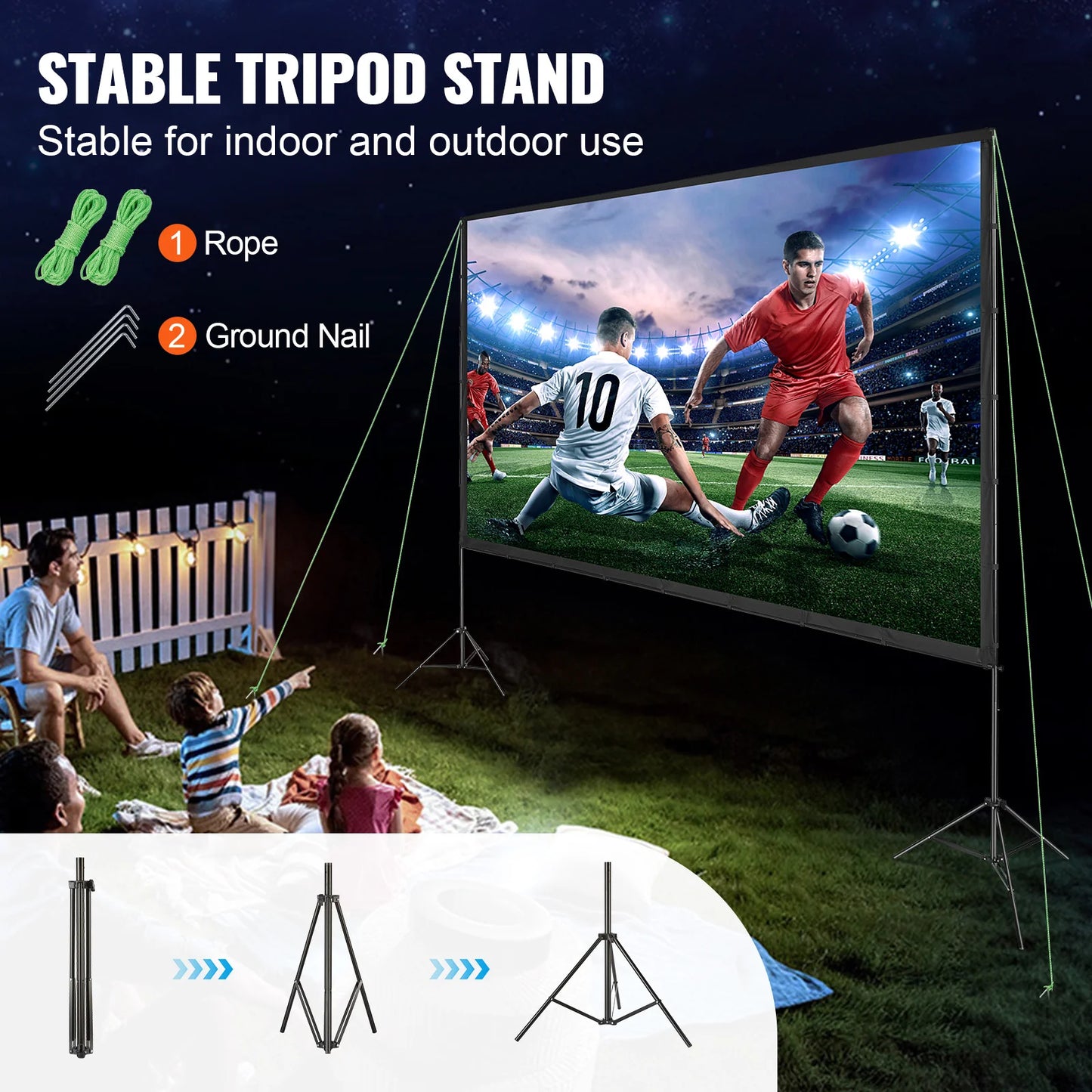 Projector Screen with Stand, 150 Inch 16:9 4K 1080 HD Outdoor Movie Screen with Stand, Wrinkle-Free Projection Screen with Tripods and Carry Bag, for Home Theater Cinema Backyard Movie Night