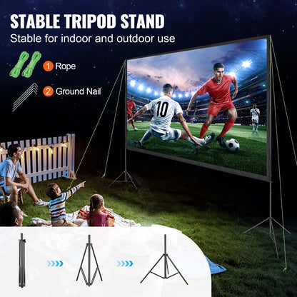 Projector Screen with Stand, 150 Inch 16:9 4K 1080 HD Outdoor Movie Screen with Stand, Wrinkle-Free Projection Screen with Tripods and Carry Bag, for Home Theater Cinema Backyard Movie Night