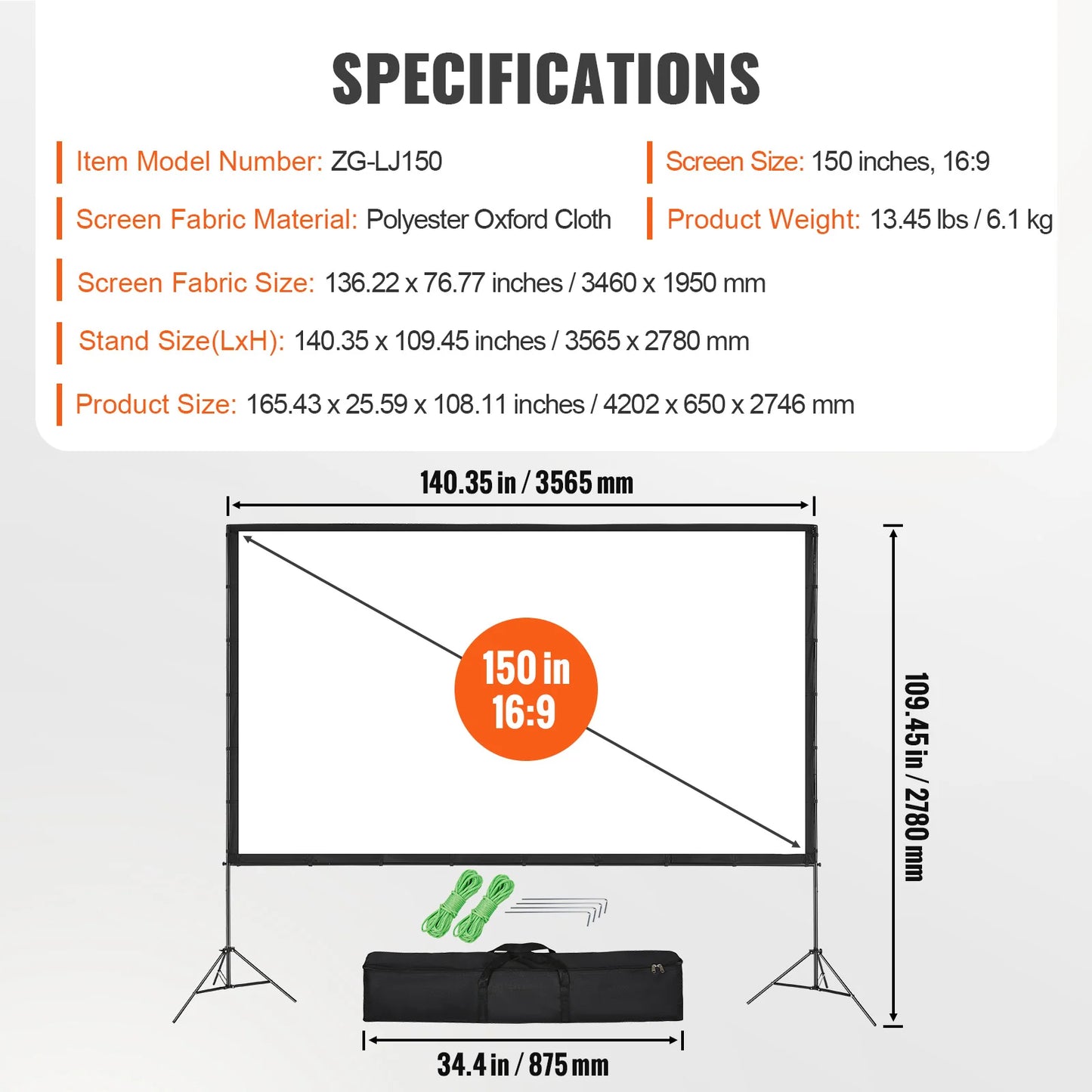 Projector Screen with Stand, 150 Inch 16:9 4K 1080 HD Outdoor Movie Screen with Stand, Wrinkle-Free Projection Screen with Tripods and Carry Bag, for Home Theater Cinema Backyard Movie Night