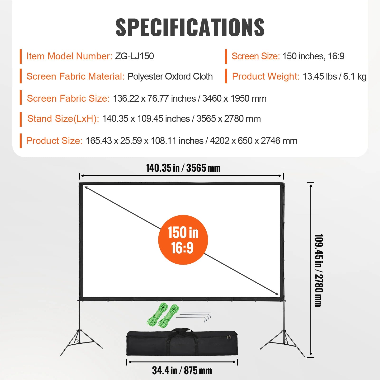 Projector Screen with Stand, 150 Inch 16:9 4K 1080 HD Outdoor Movie Screen with Stand, Wrinkle-Free Projection Screen with Tripods and Carry Bag, for Home Theater Cinema Backyard Movie Night