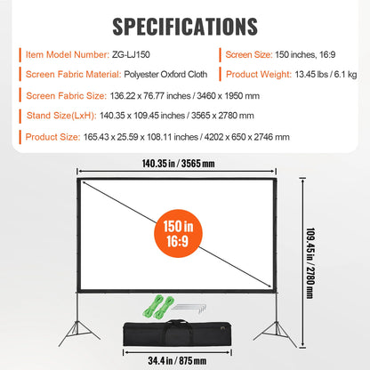 Projector Screen with Stand, 150 Inch 16:9 4K 1080 HD Outdoor Movie Screen with Stand, Wrinkle-Free Projection Screen with Tripods and Carry Bag, for Home Theater Cinema Backyard Movie Night